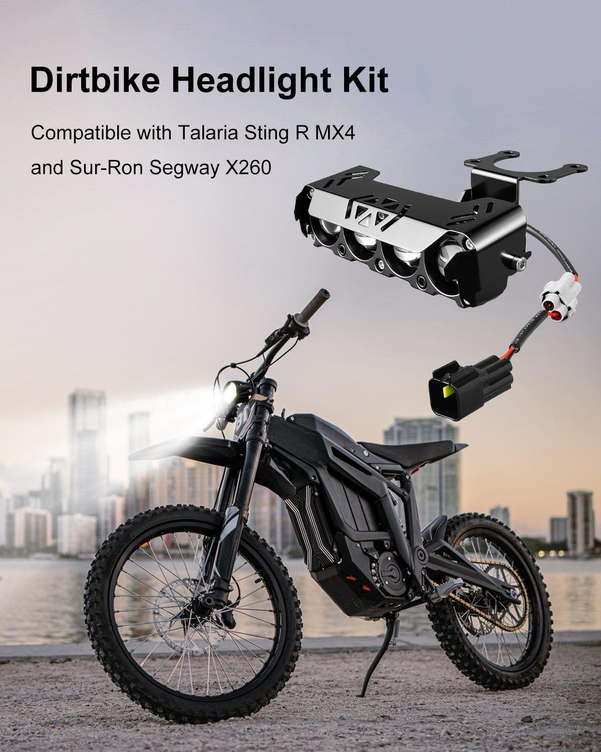 Upgrade Headlight Kit Fits for Talaria Sting R MX4 Sur-Ron Segway X260, Four Bulbs and Protective Covers, Plug and Play Motorcycle LED Front Light with Adjustable Bracket & Adapter Harness